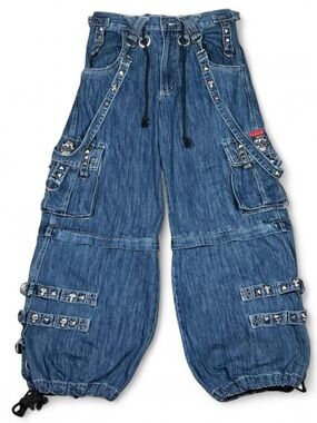 Tripp NYC Y2K Bondage Strap Wide Leg Denim Rave Pants Studded Baggy Jeans Shorts